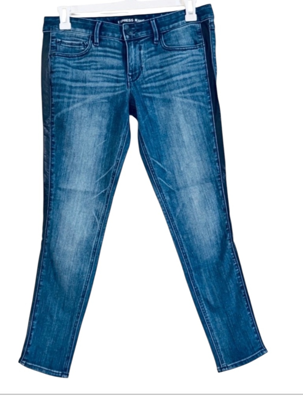 Express Stella Low Rise Skinny Jeans Black Faux Leather Side Stripe 10R